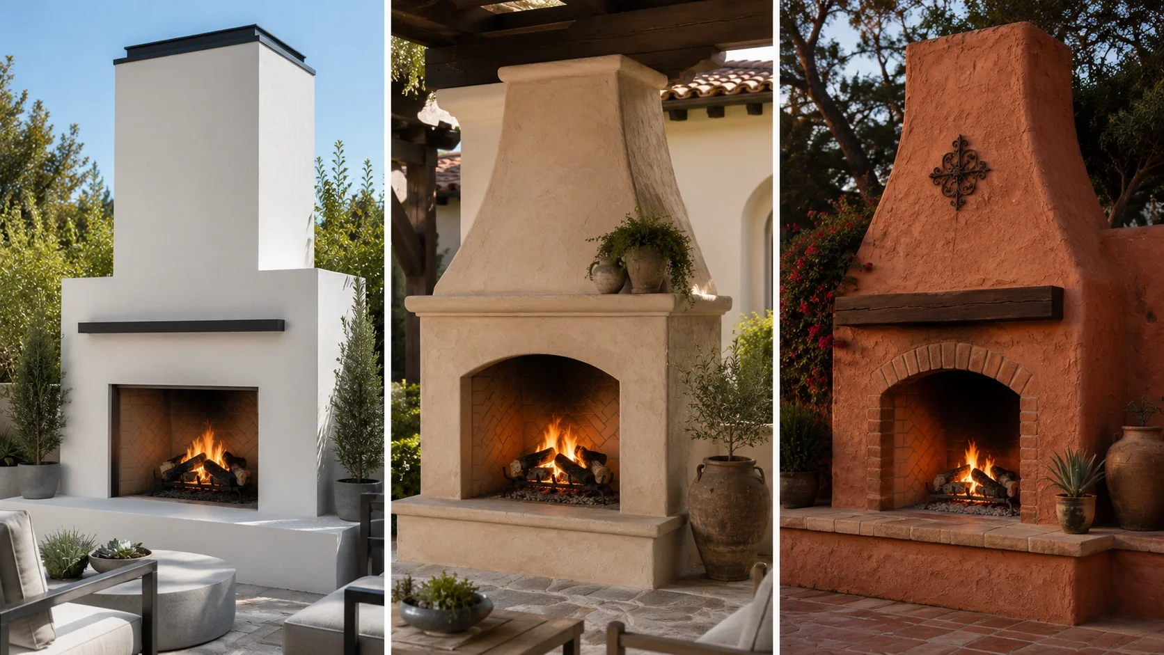 Various stucco fireplace designs showing smooth and textured finishes