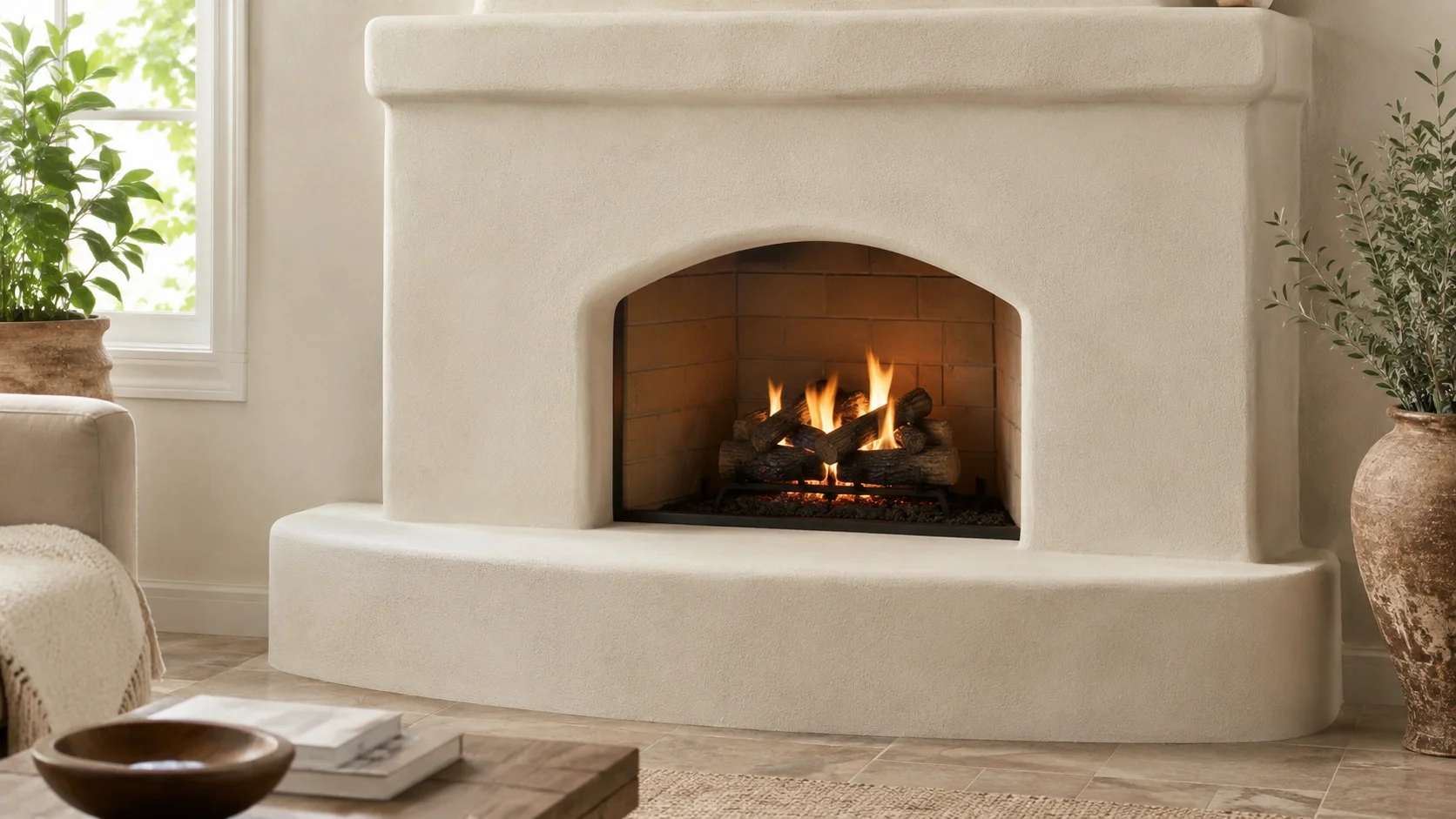 Properly maintained stucco fireplace with intact sealant
