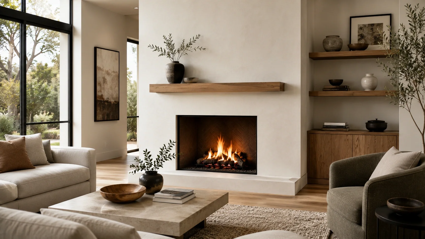 Modern stucco fireplace with smooth finish and minimalist mantel