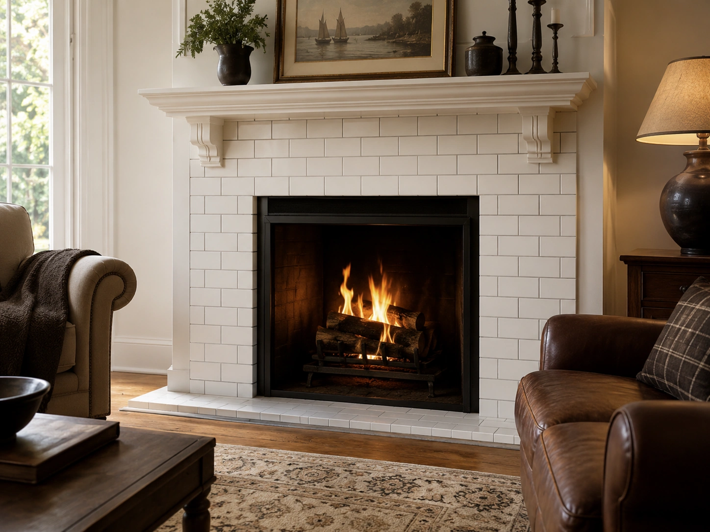 Classic subway tile fireplace surround in traditional living room