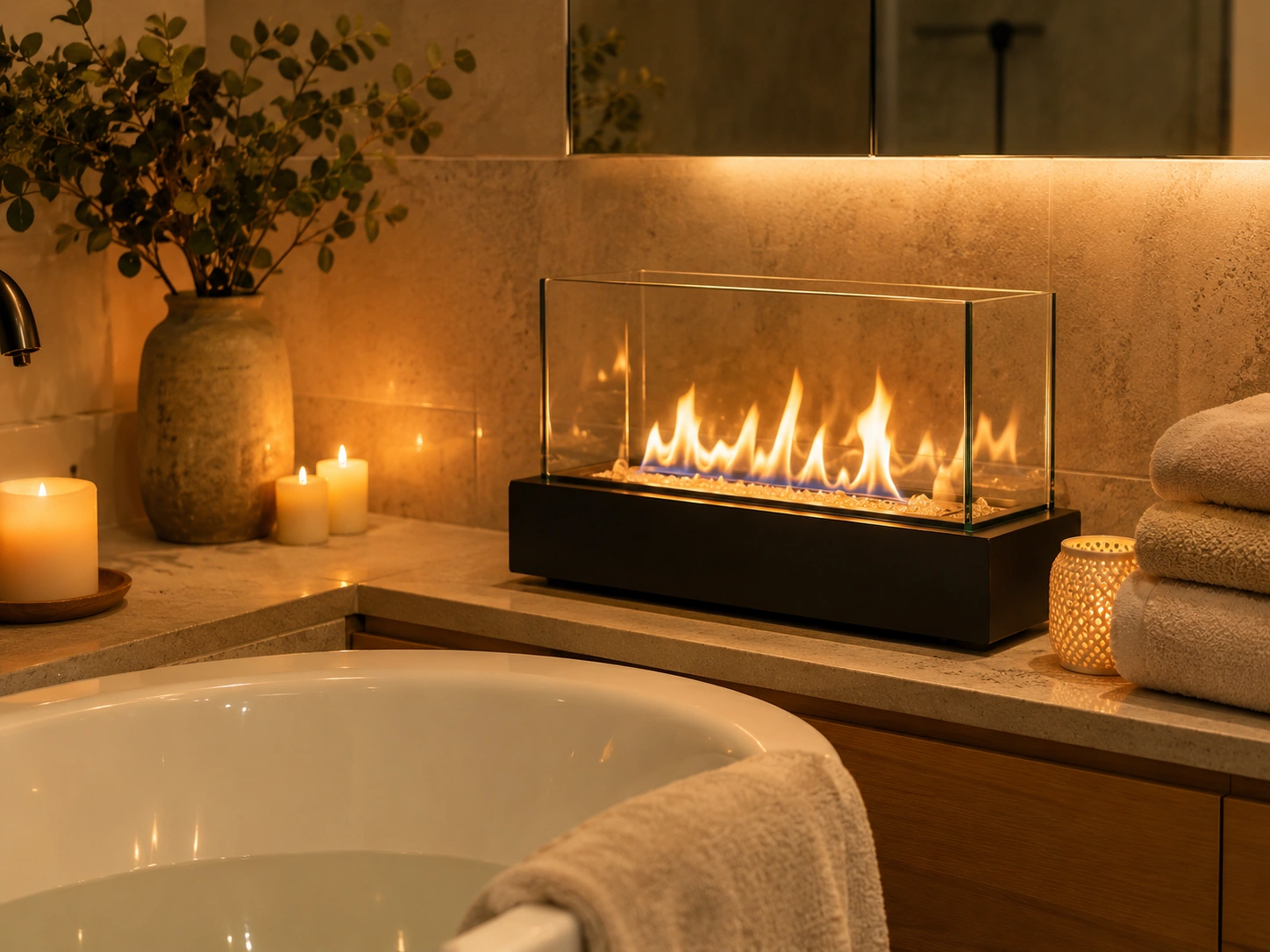 Tabletop fireplace in bathroom for spa ambiance