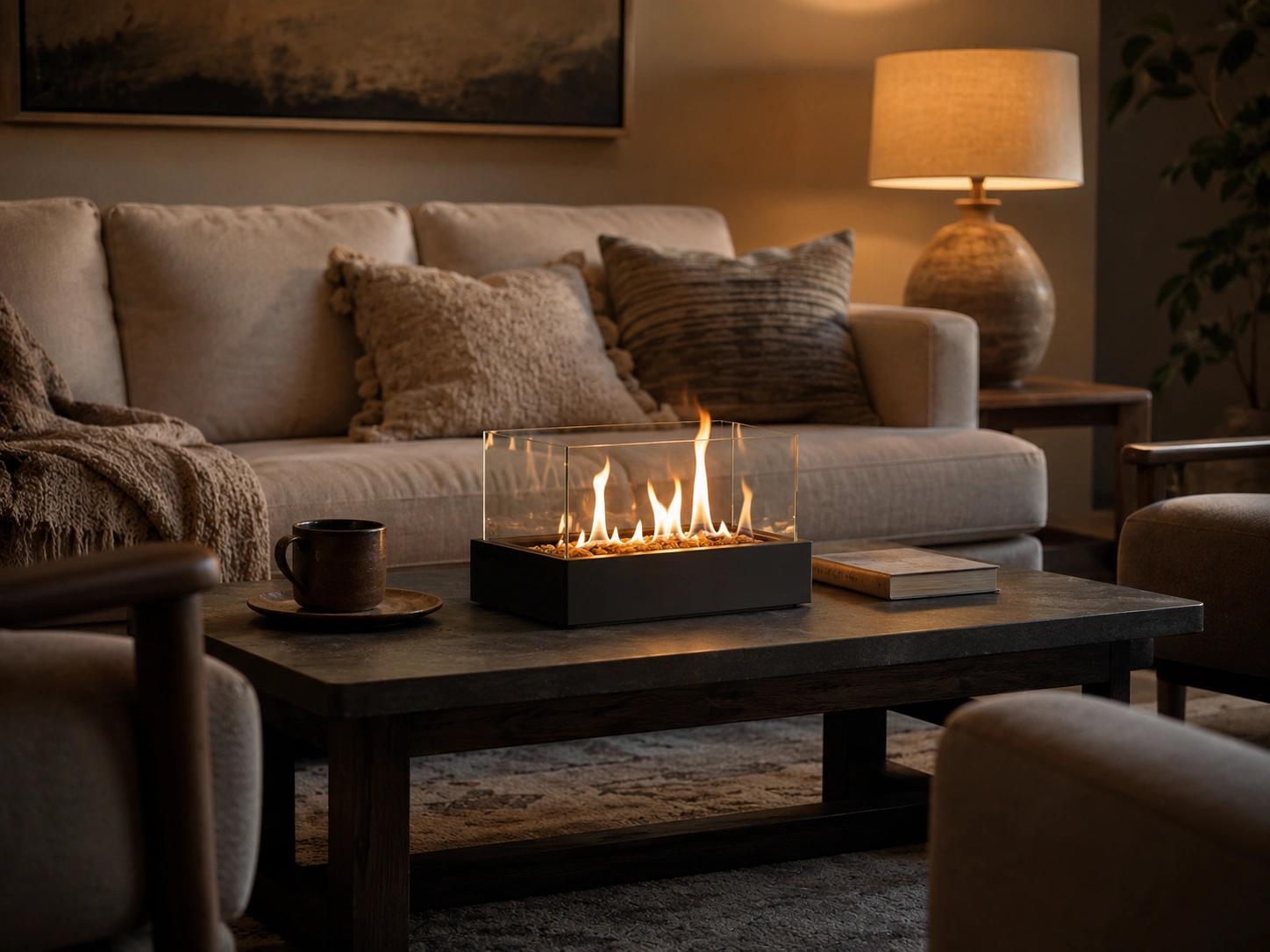 Tabletop fireplace on living room coffee table