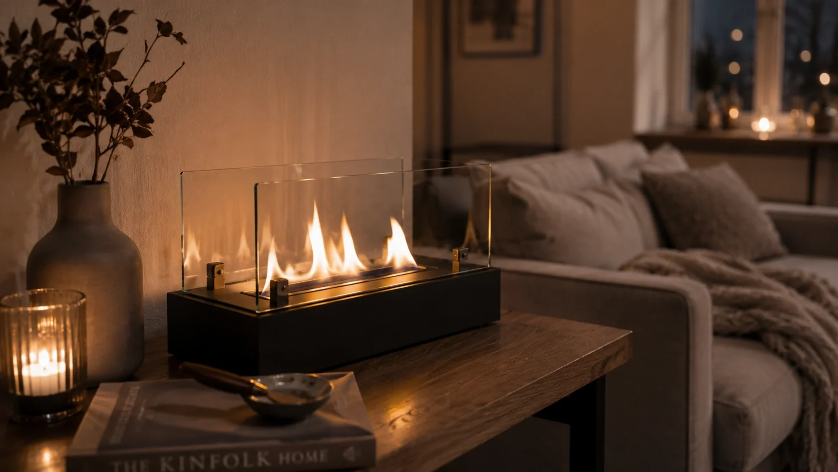 Tabletop ethanol fireplace on a small apartment table