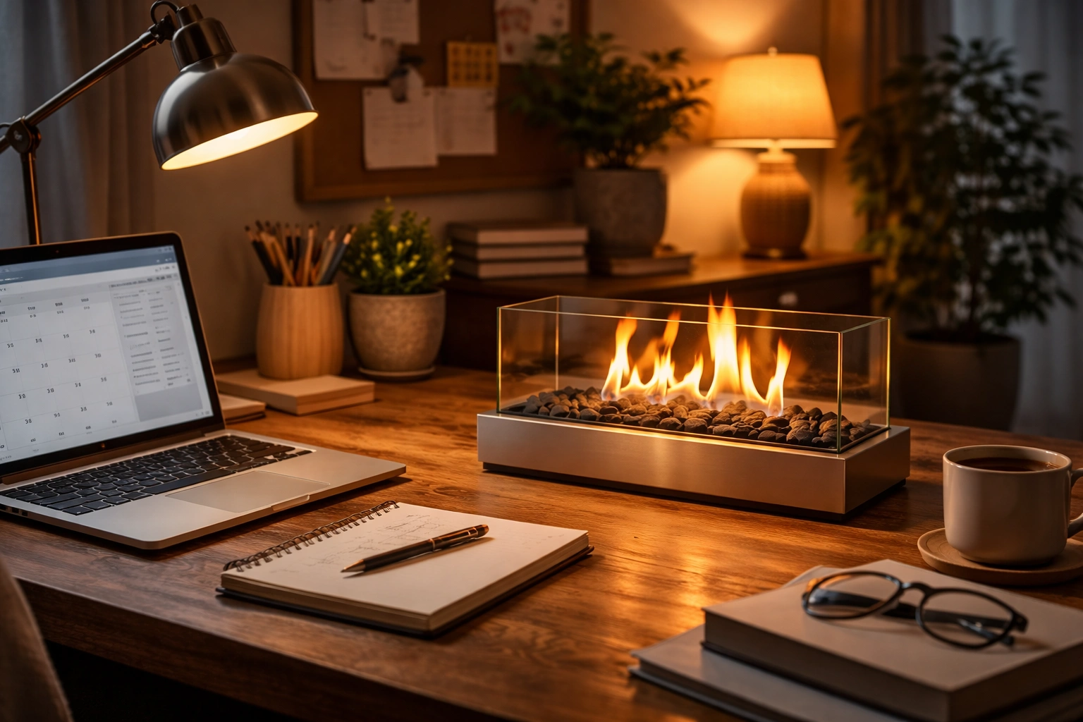 Tabletop fireplace on home office desk