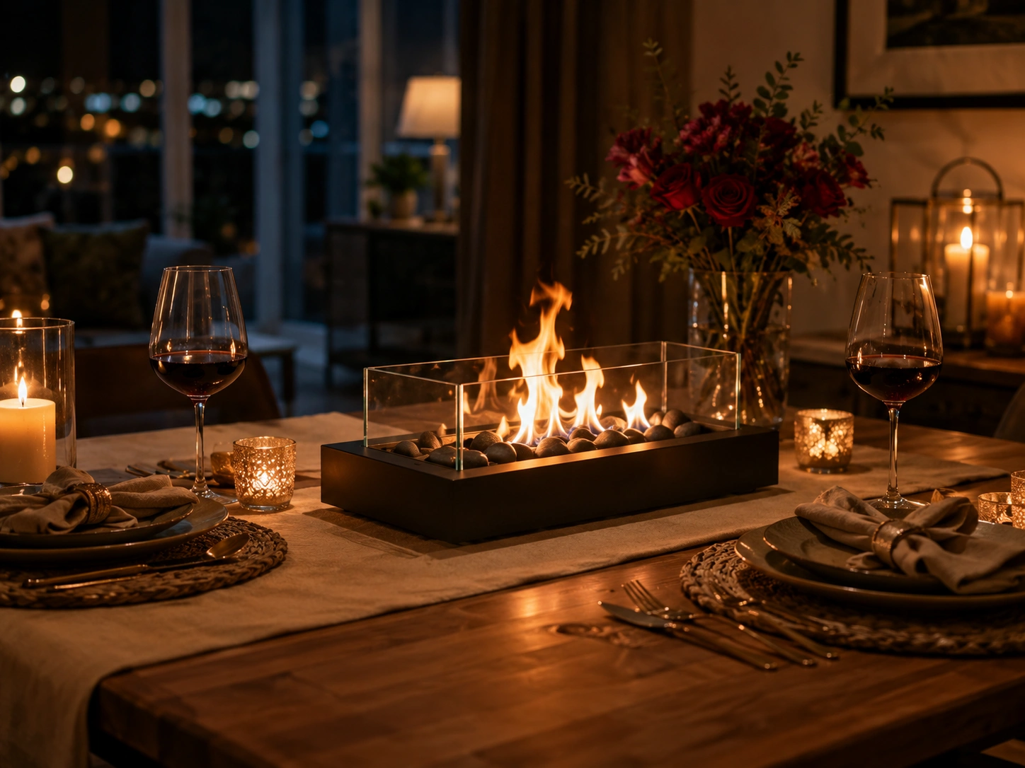 Tabletop fireplace as dining table centerpiece