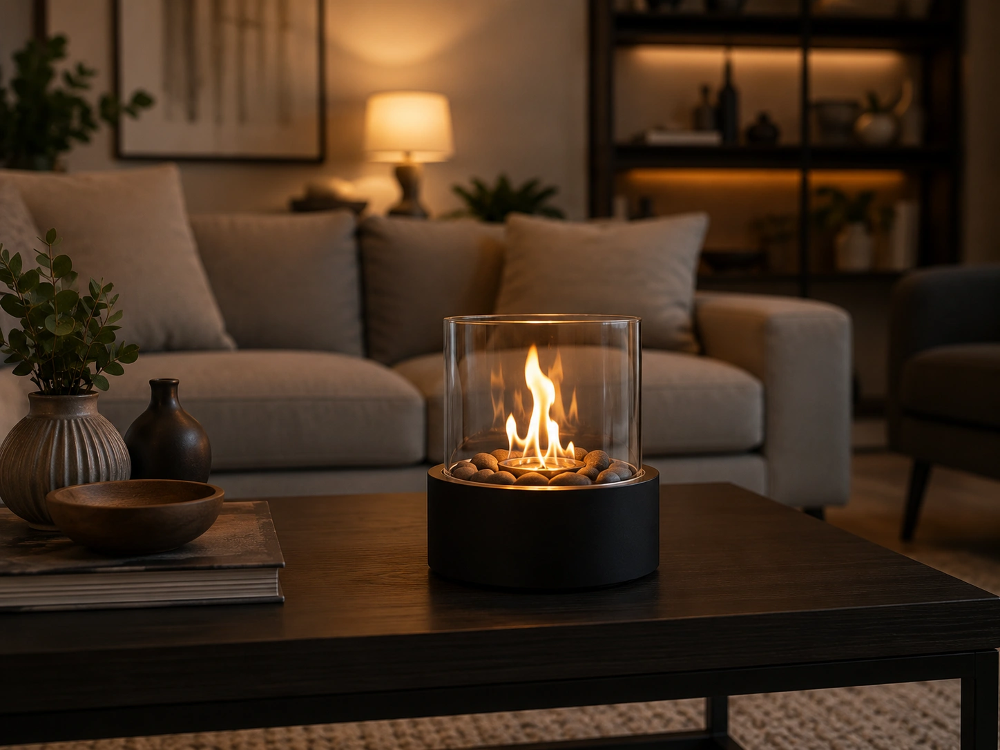 Tabletop fireplace displayed on a modern coffee table