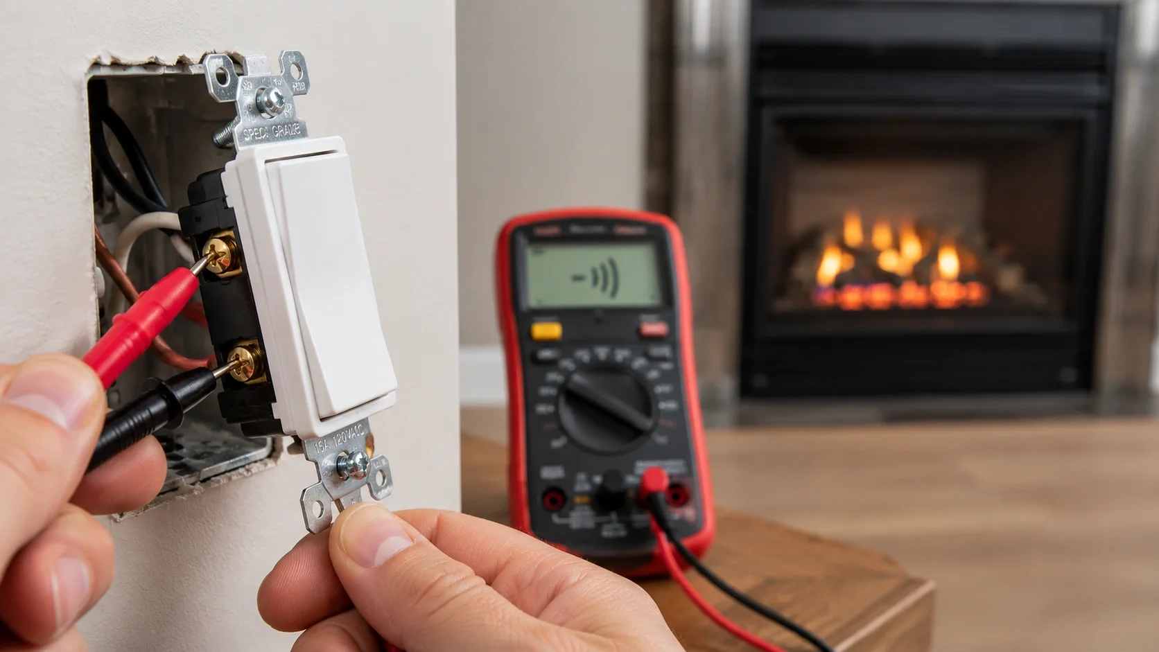 Multimeter testing a faulty wall switch for gas fireplace millivolt system