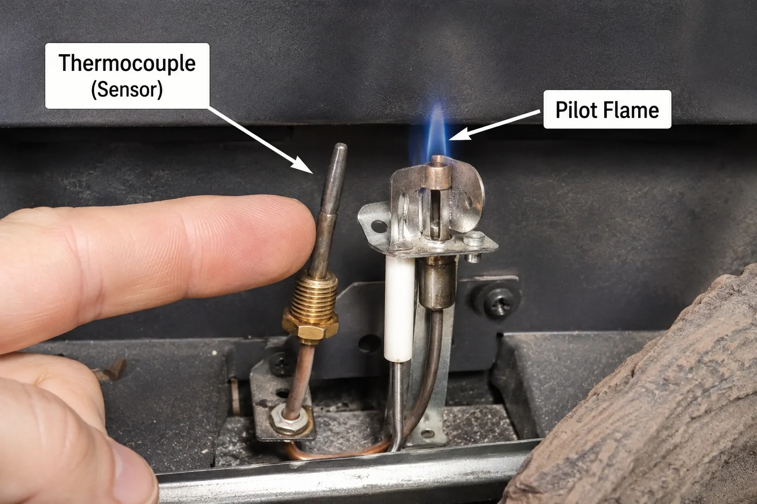 A finger pointing to a faulty thermocouple and pilot light assembly on a gas fireplace