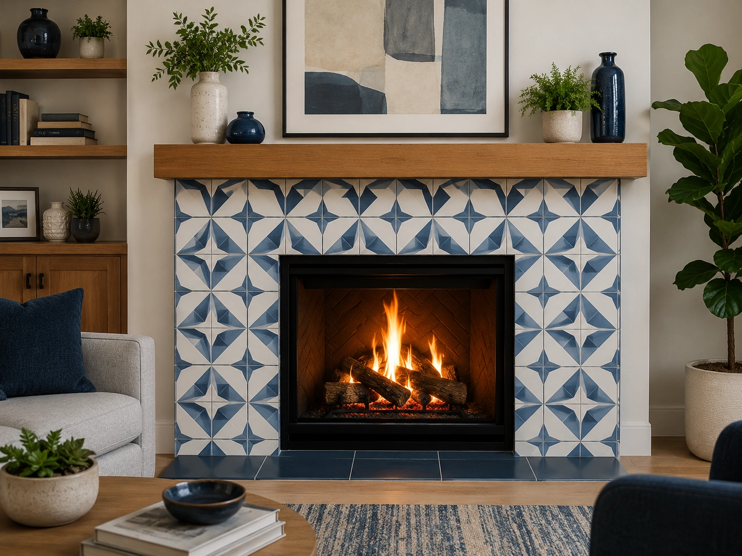 Modern fireplace with geometric tile pattern