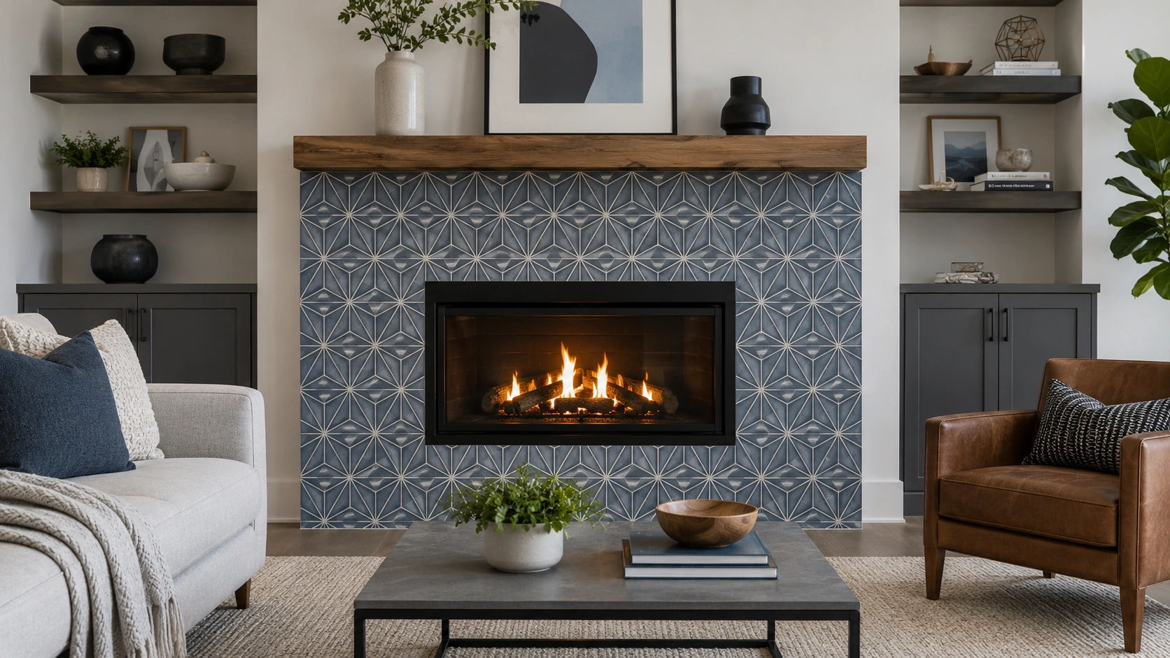 Modern fireplace with geometric tile pattern surround