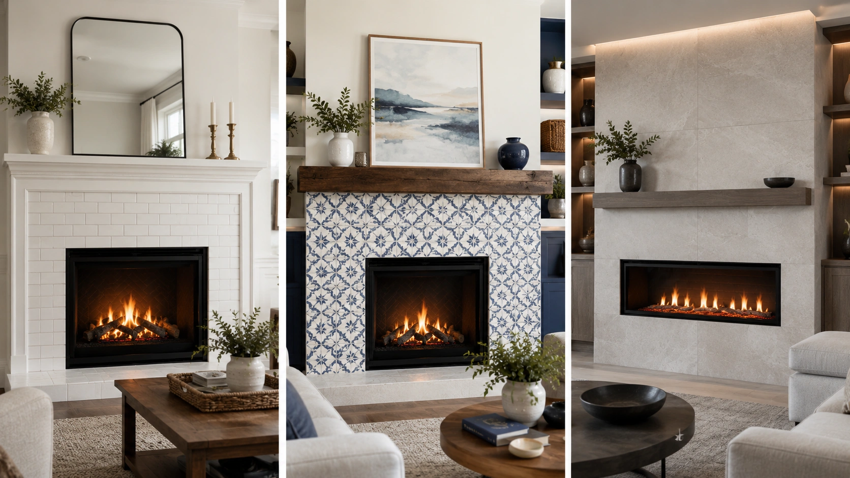 Various tiled fireplace designs showing different tile patterns and materials
