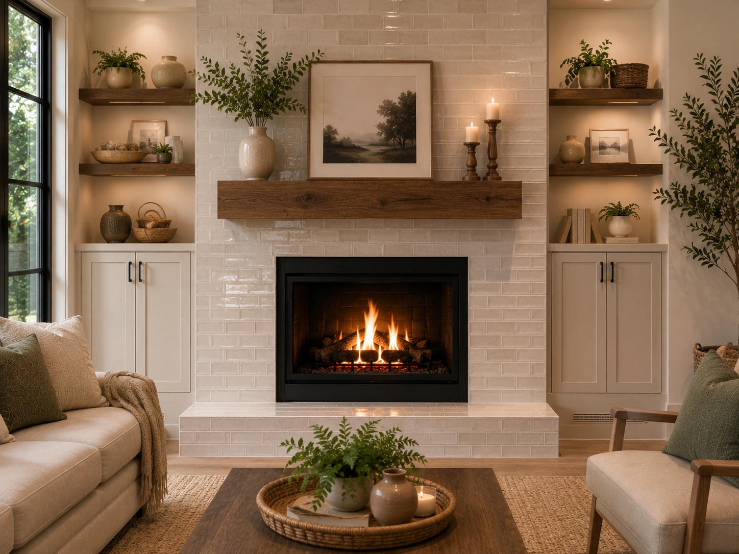 Complete tiled fireplace design with mantel, hearth extension, and coordinated decor