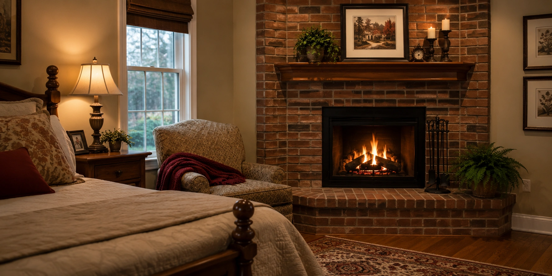 Traditional brick corner fireplace with classic mantel