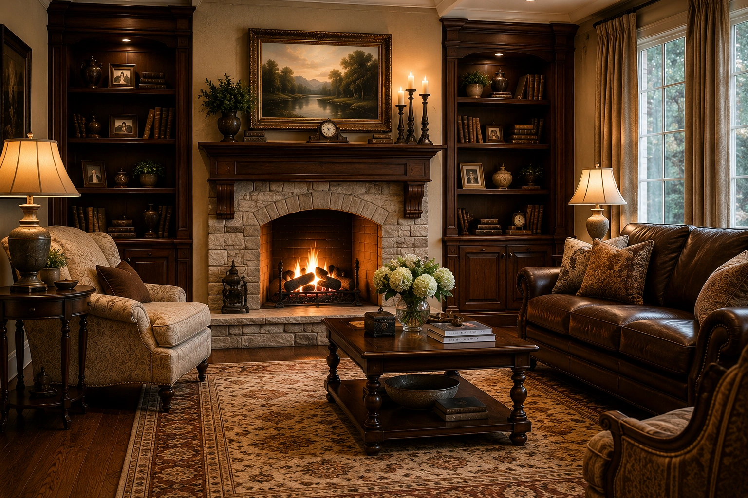 Traditional brick fireplace with ornate mantel in classic living room
