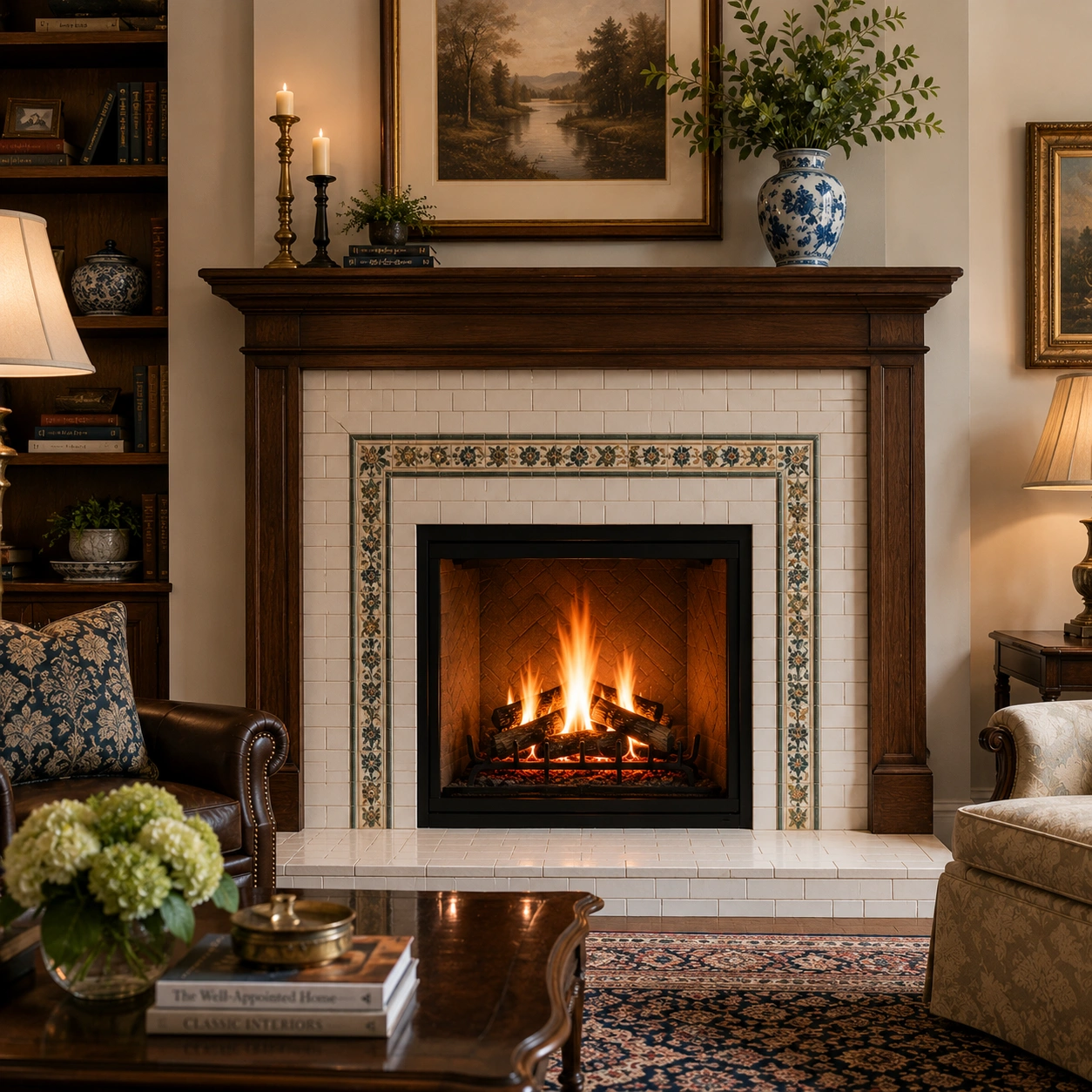 Traditional style tile fireplace with classic details
