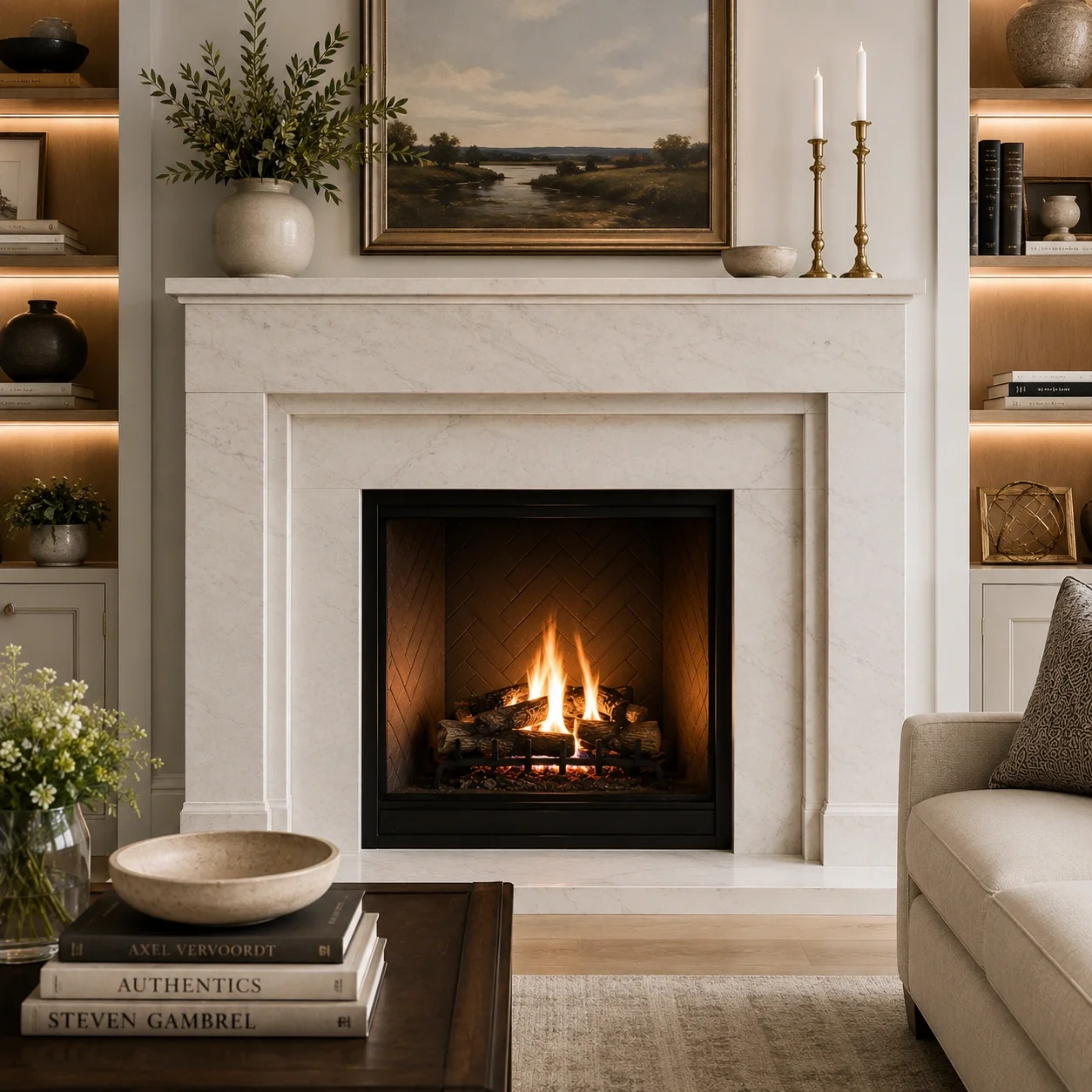Transitional fireplace surround blending traditional and modern