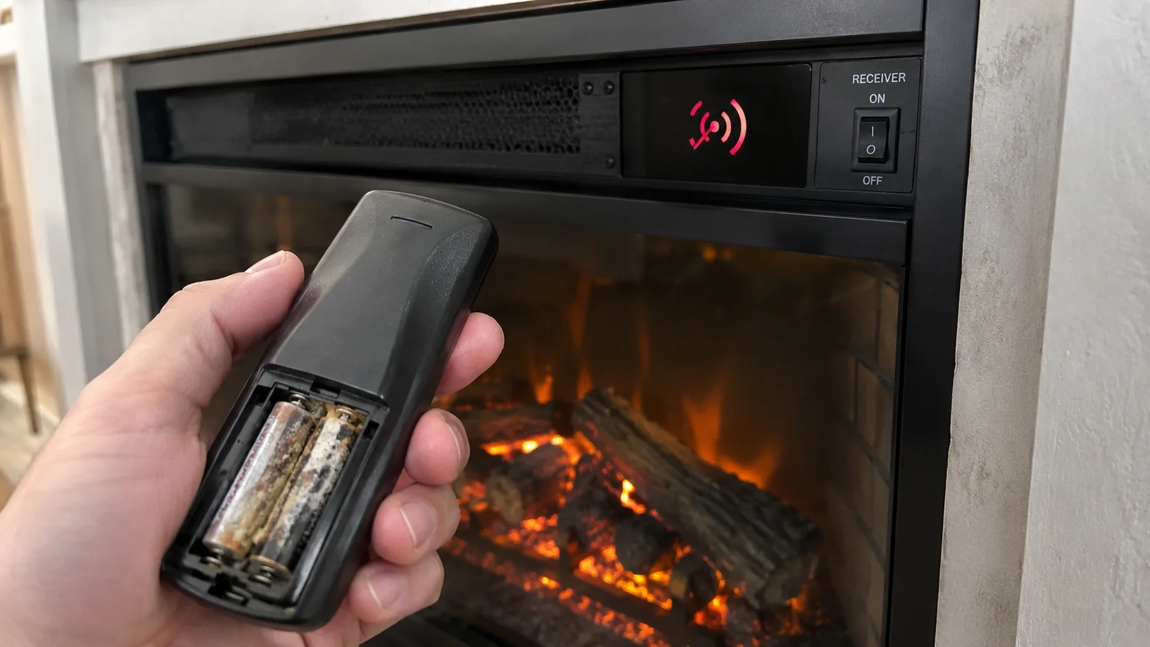 Hand holding a fireplace remote control not responding to the electric insert