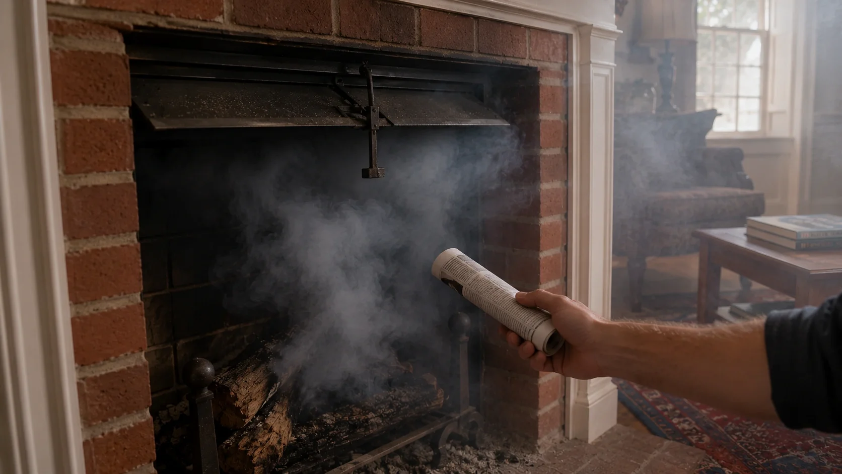 Smoke billowing into a living room from a wood-burning fireplace instead of going up the chimney
