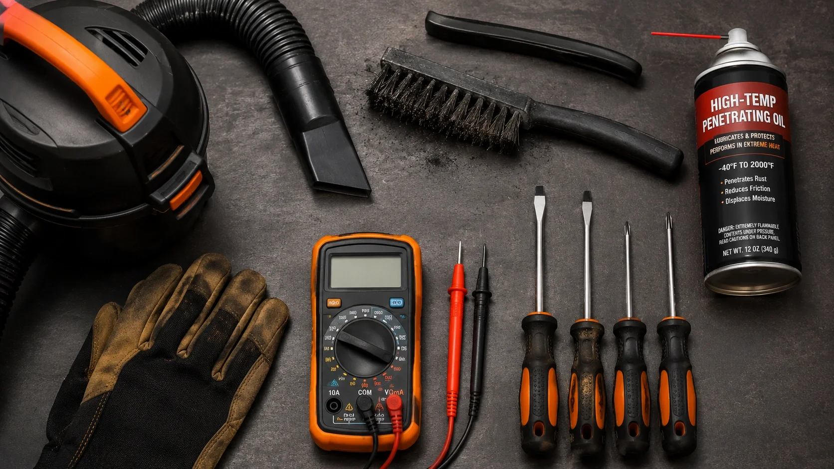 Essential fireplace maintenance tools including a vacuum, brush, screwdriver, and multimeter on a workbench