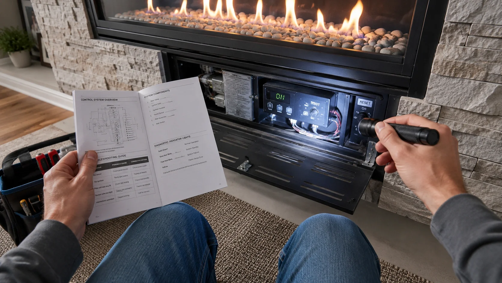 A homeowner systematically checking a modern fireplace control panel with a flashlight