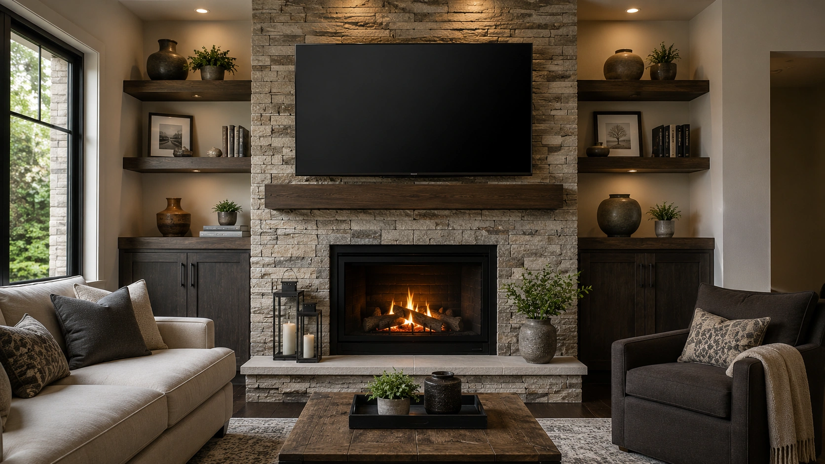 Television mounted above fireplace in balanced living room design
