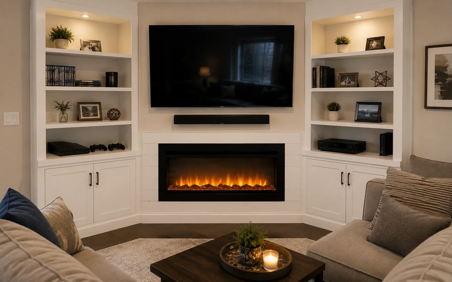 Corner fireplace with TV mounted above
