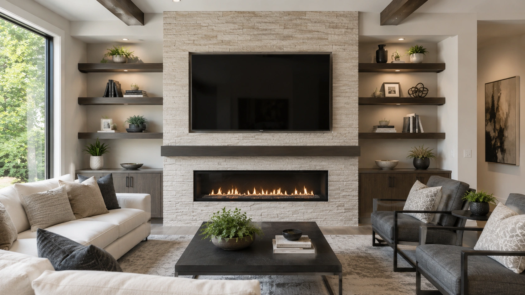 Modern media wall with TV mounted above fireplace in balanced design