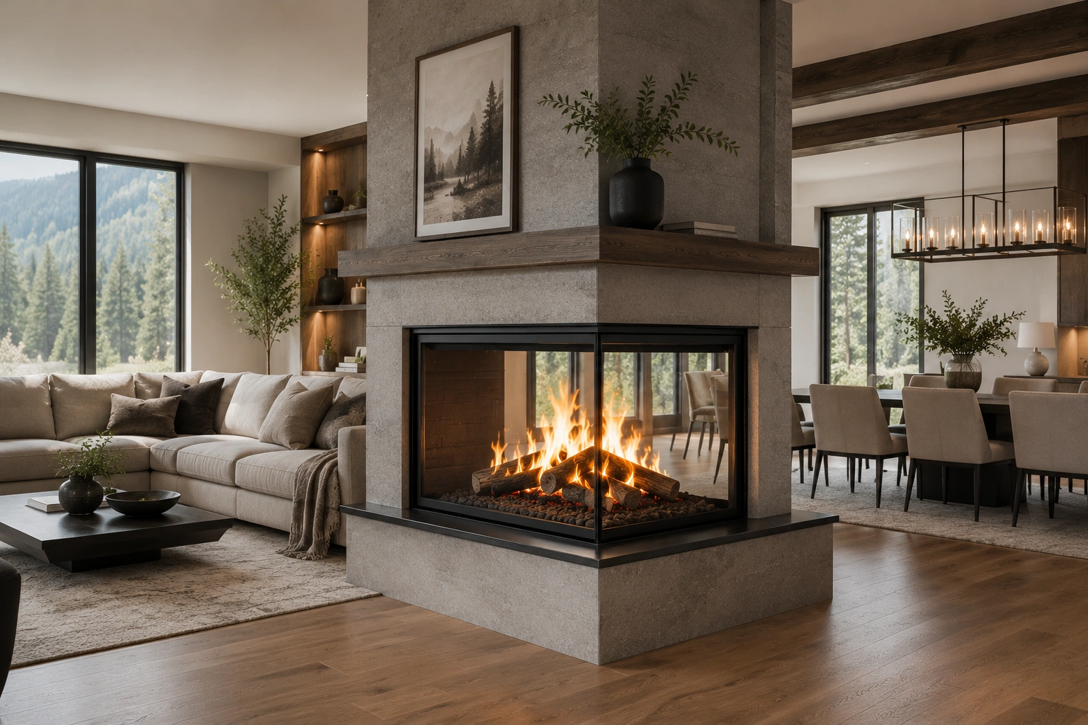 Two-sided wood fireplace dividing living spaces