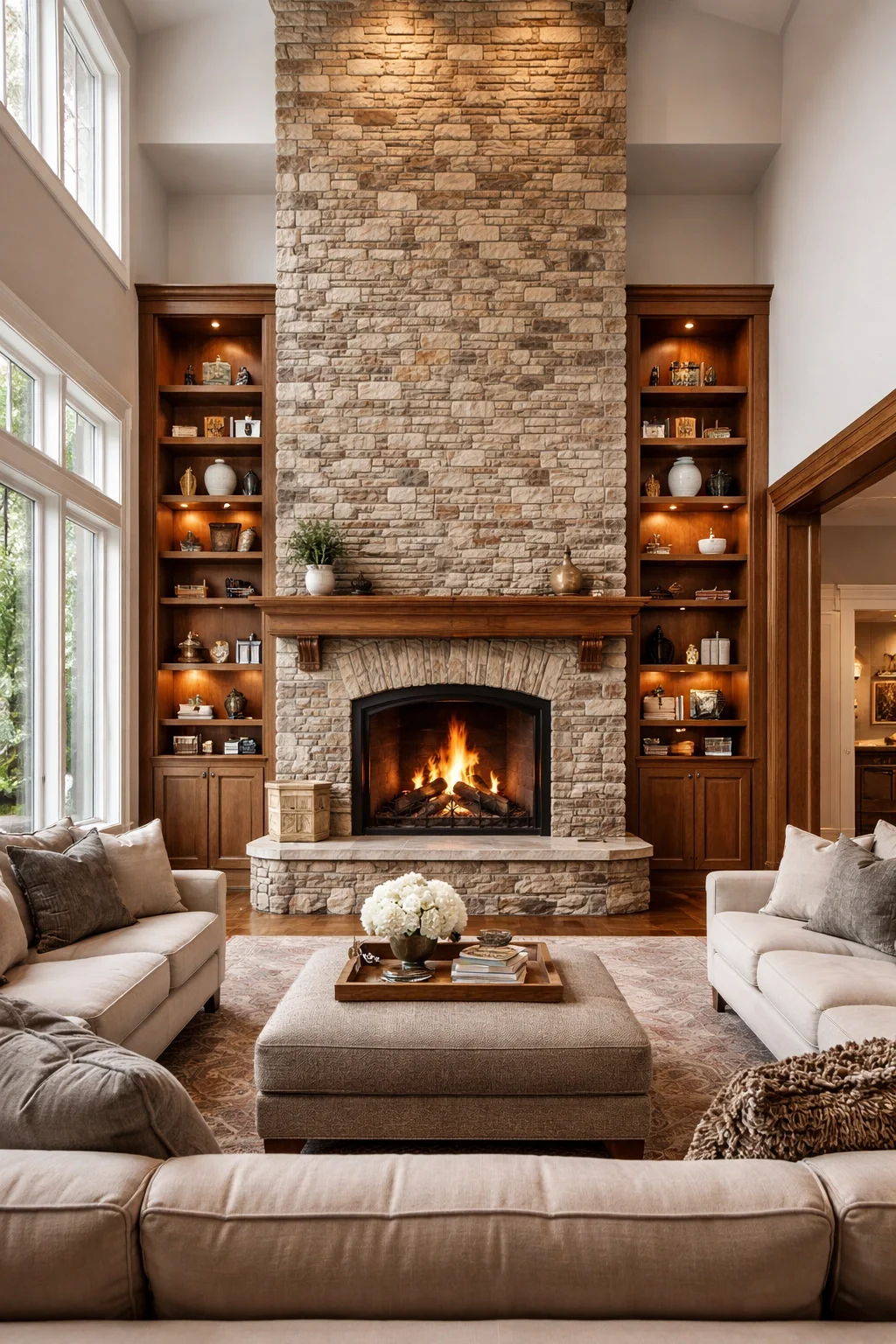 Dramatic two-story fireplace surround reaching ceiling