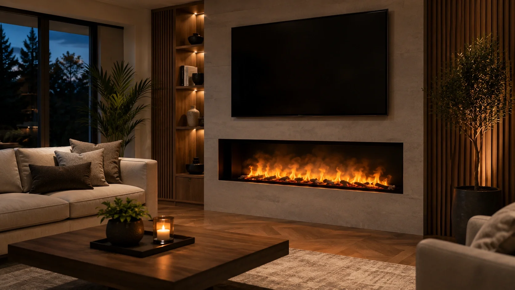 Vapor fireplace integrated into modern living room design with TV above