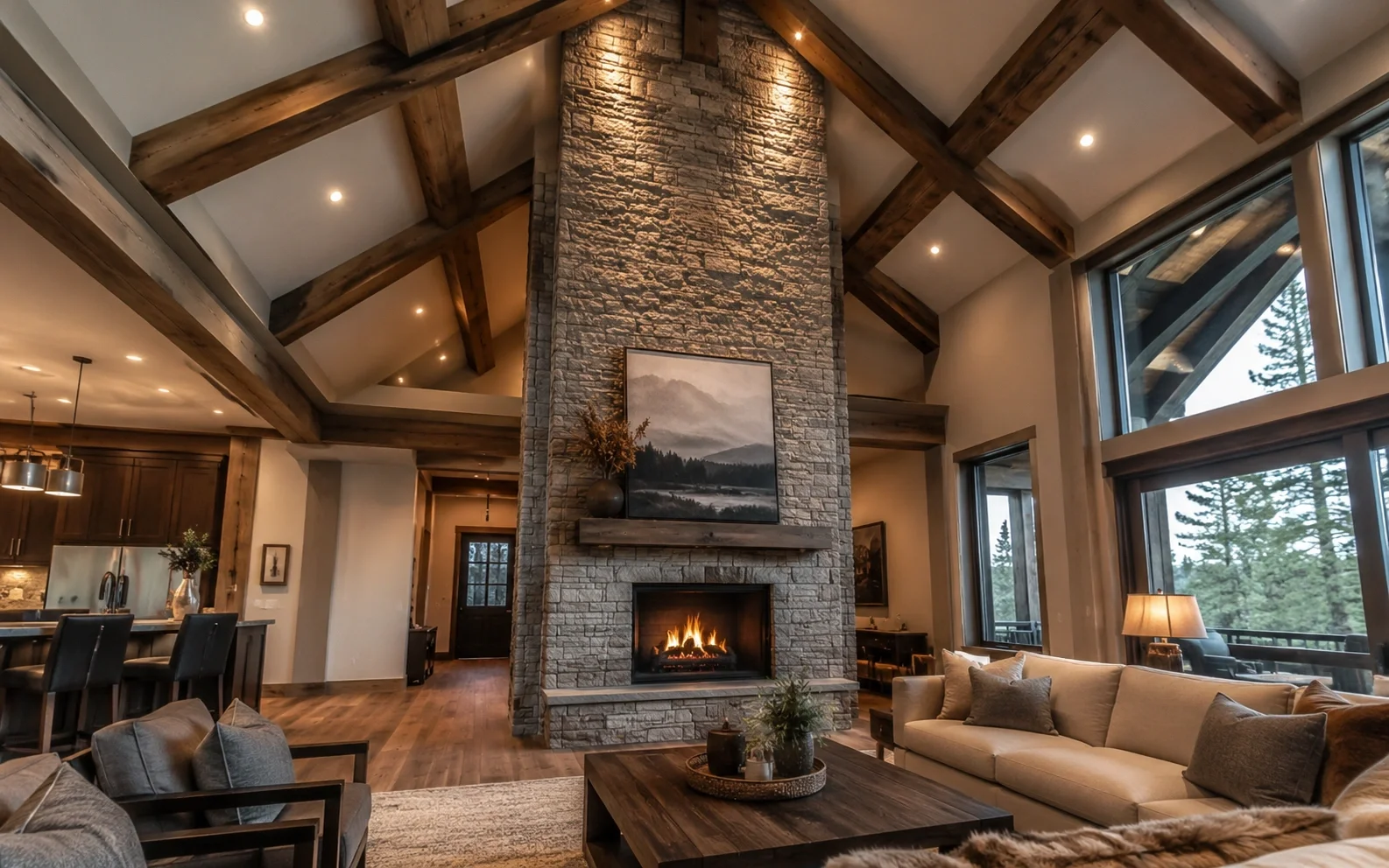 Fireplace in open concept space with vaulted ceiling