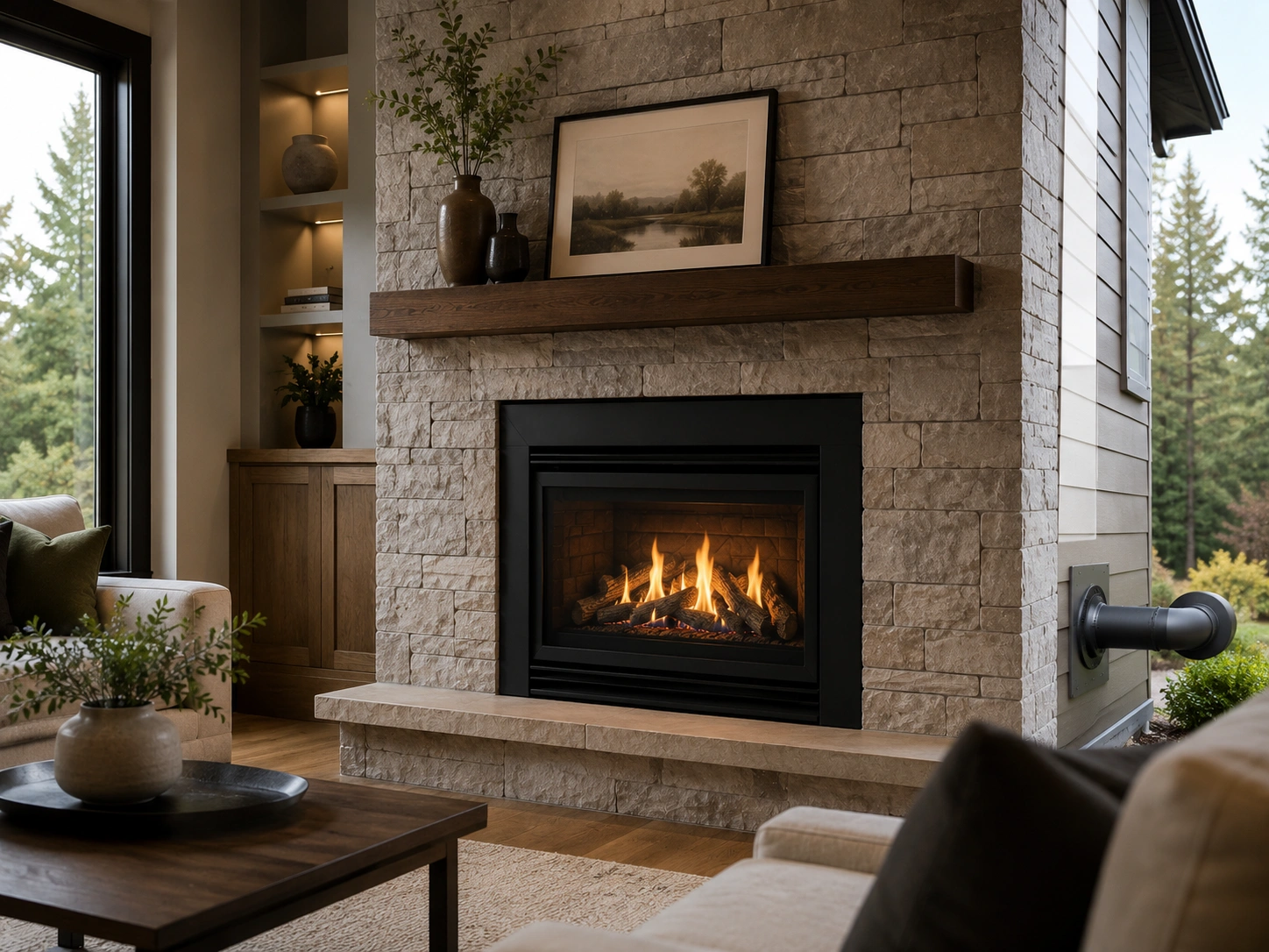 Vented propane fireplace with chimney