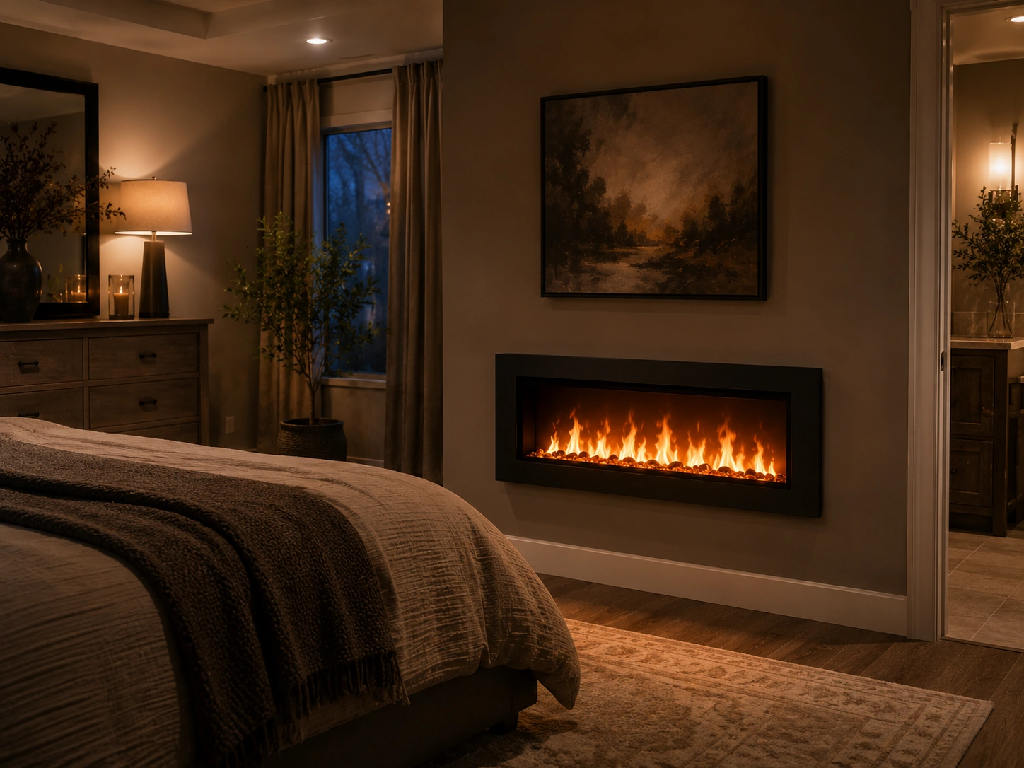 Ventless fireplace installed in master bedroom providing cozy supplemental heating