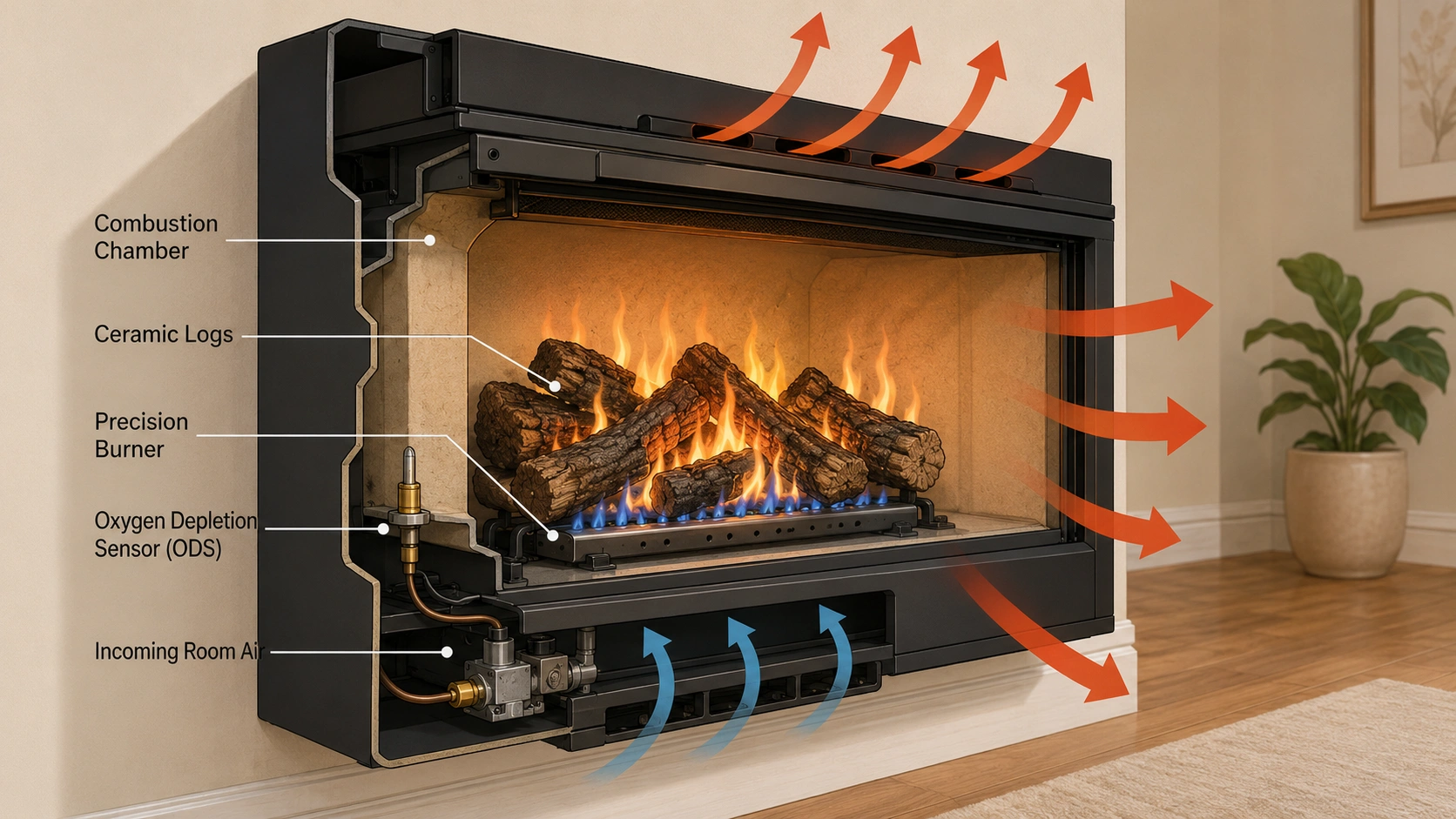 Diagram showing how ventless fireplace combustion system works without chimney