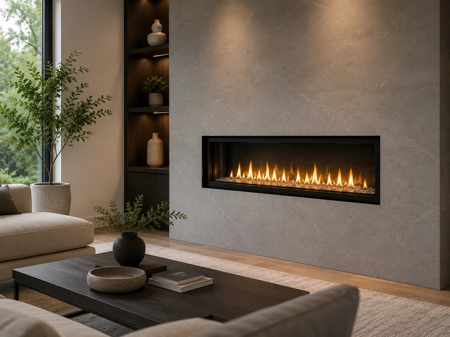 Modern ventless gas fireplace installed in contemporary living room without chimney