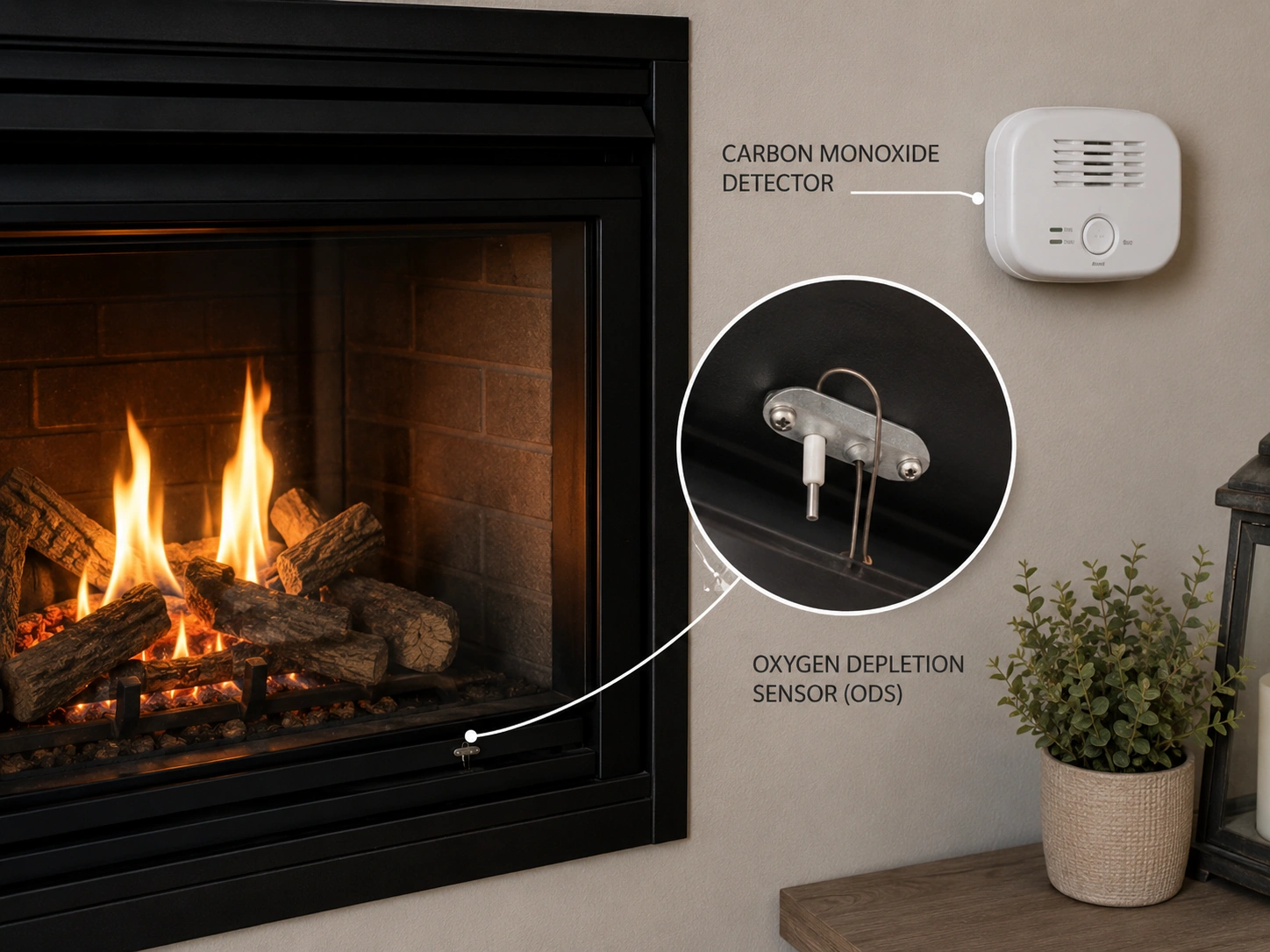 Safety features of ventless fireplace including oxygen sensor and CO detector placement