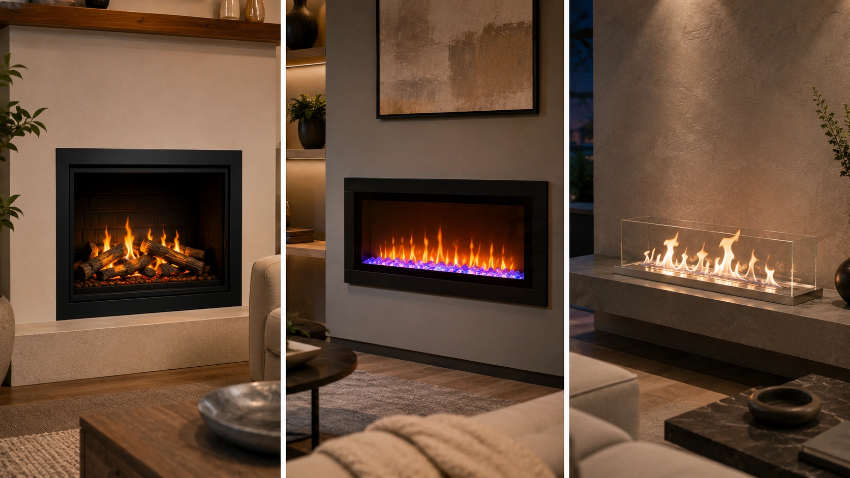 Side by side comparison of gas, electric, and ethanol ventless fireplace options