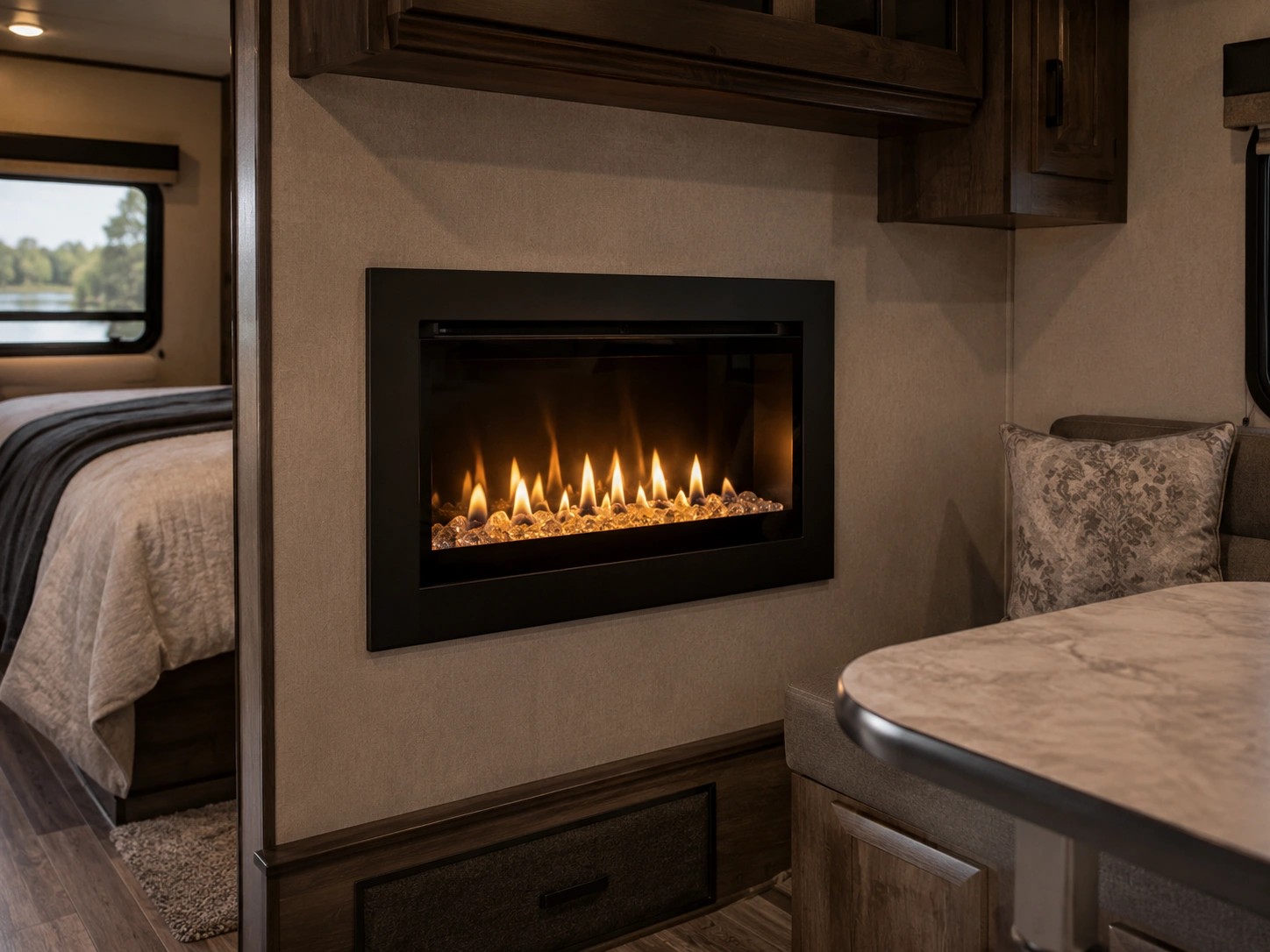 Ventless RV fireplace with no chimney required