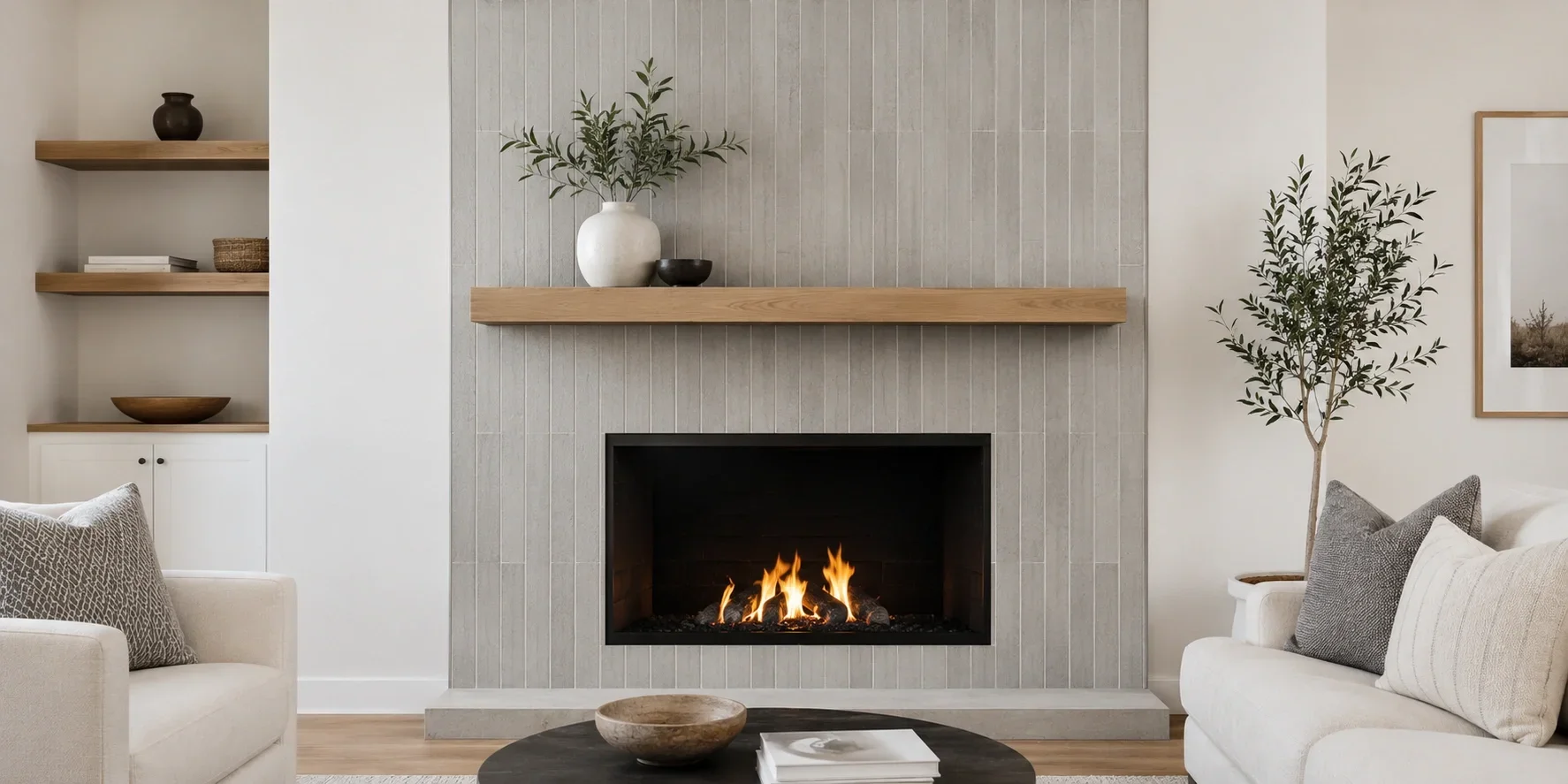 Vertically stacked tiles on modern fireplace
