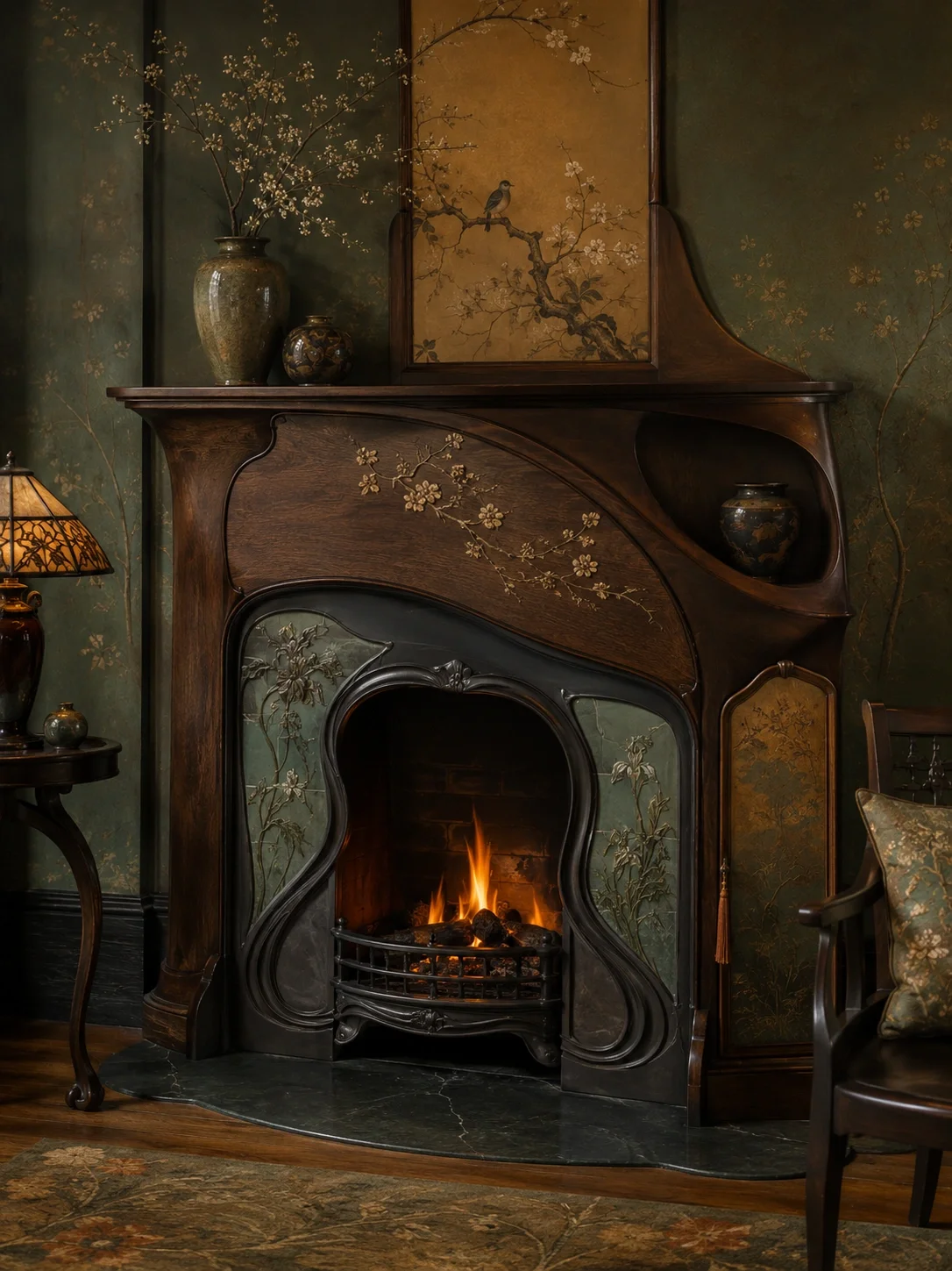 Aesthetic movement Victorian fireplace with floral designs