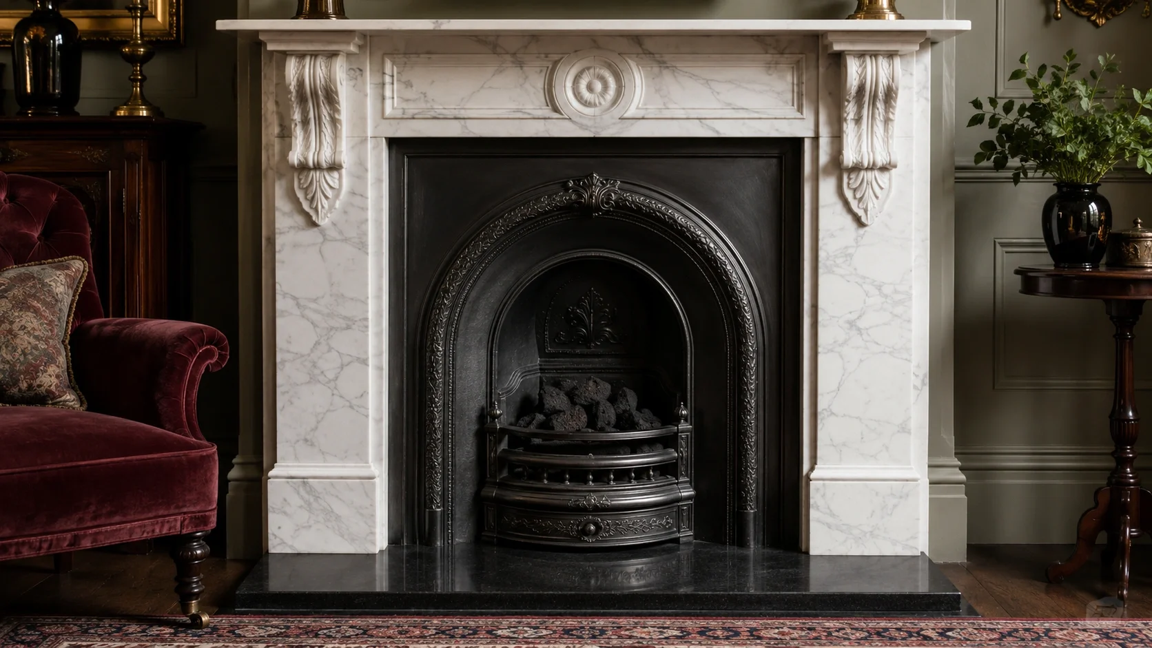 Victorian fireplace with marble surround and cast iron insert