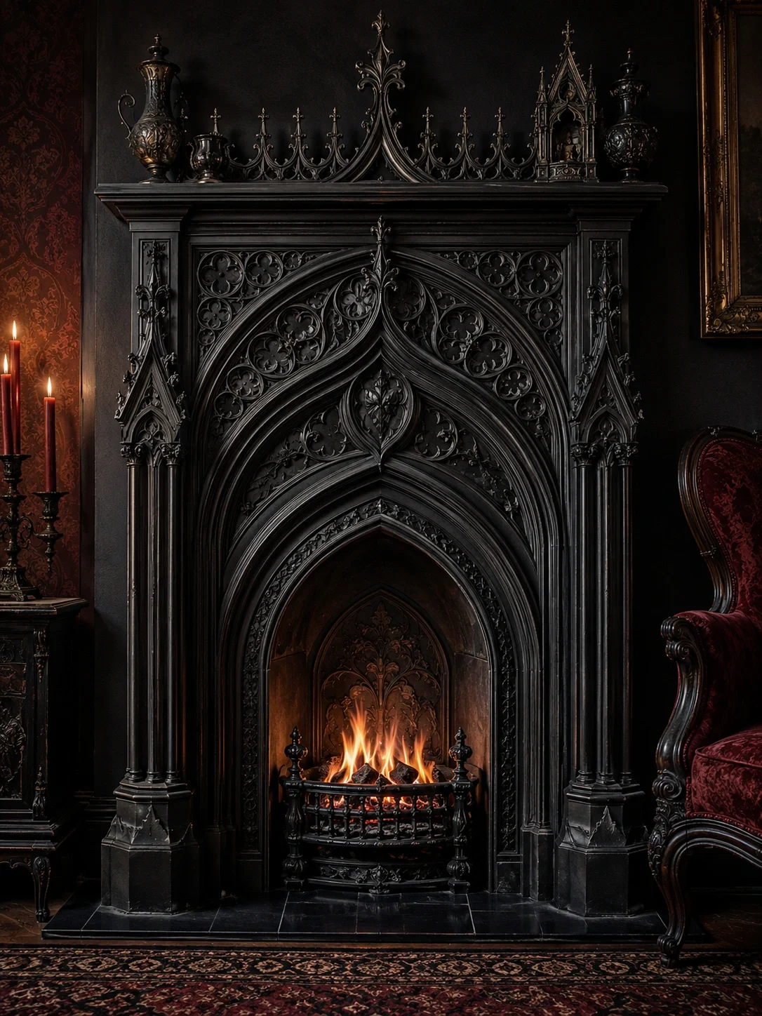 Gothic Revival Victorian fireplace with pointed arch and ornate details