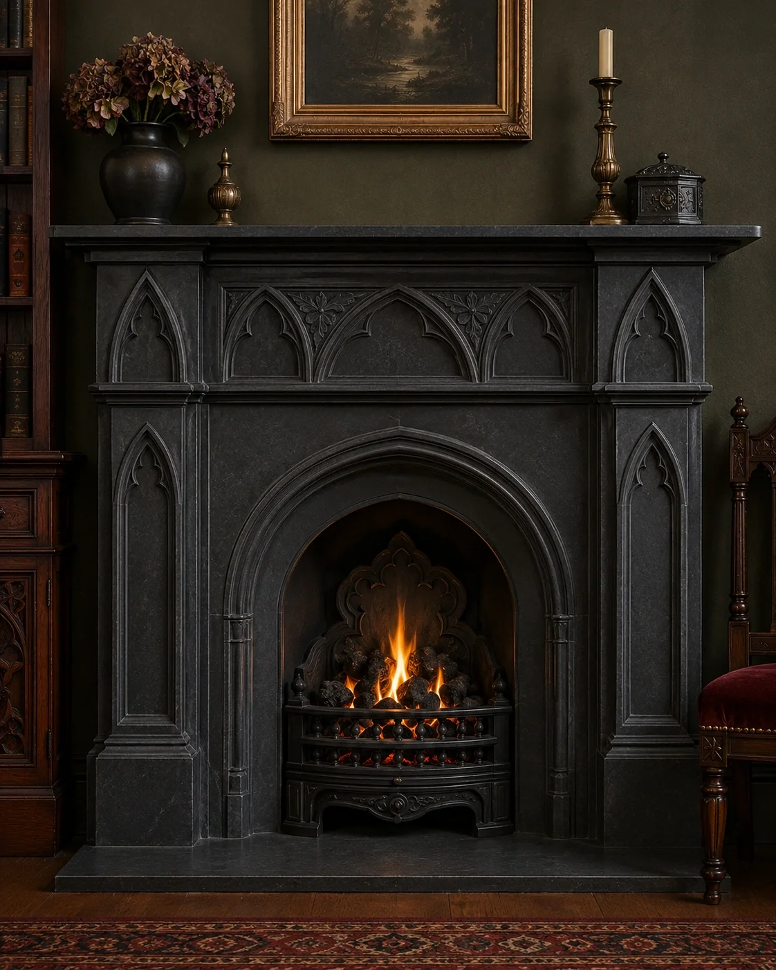 Dark slate Victorian mantel with Gothic elements