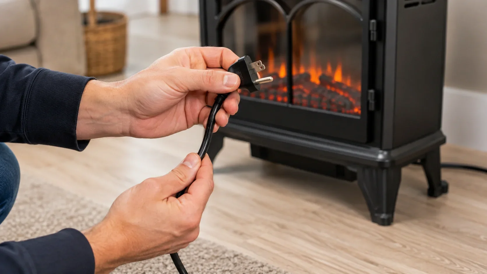 Inspecting the power cord and plug of an electric fireplace for damage