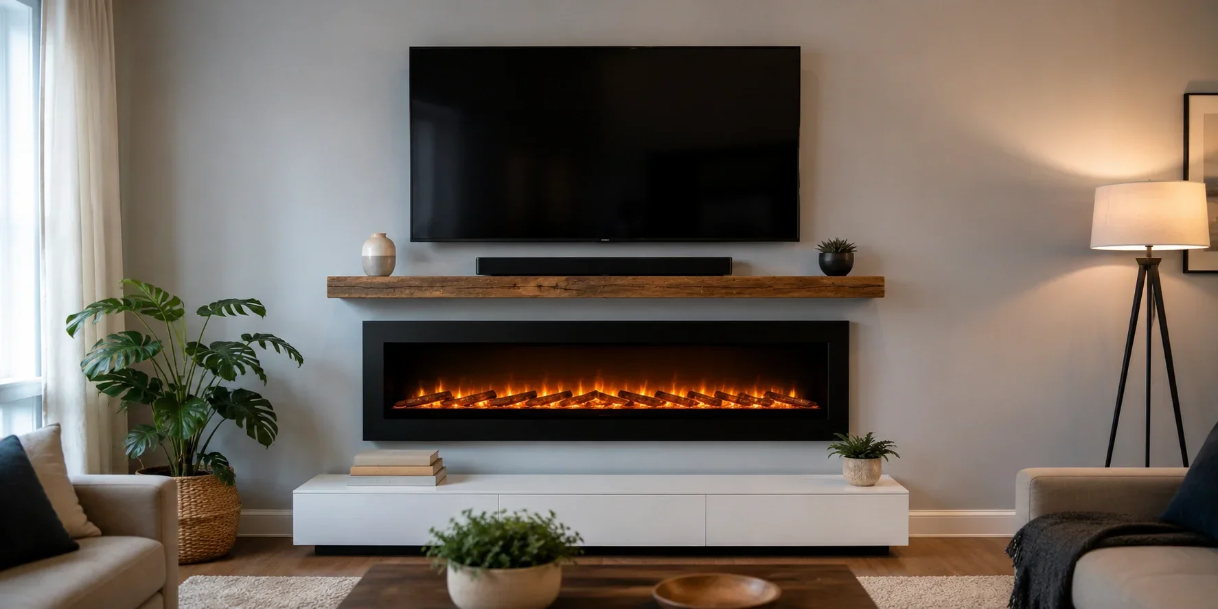 Wall fireplace mounted below TV in living room