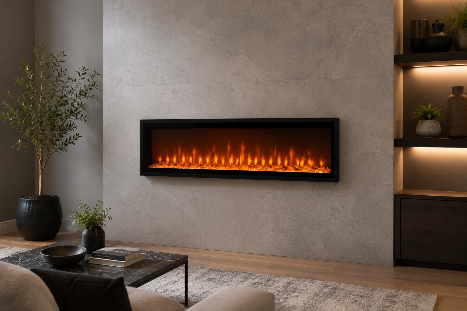 Wall-mounted electric fireplace in modern living room