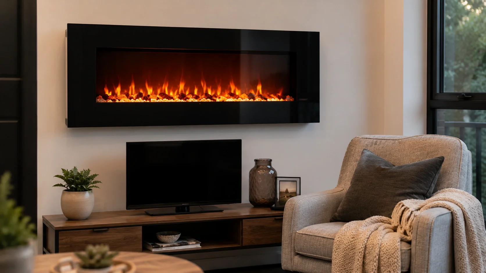 Wall-mounted electric fireplace in a compact living room