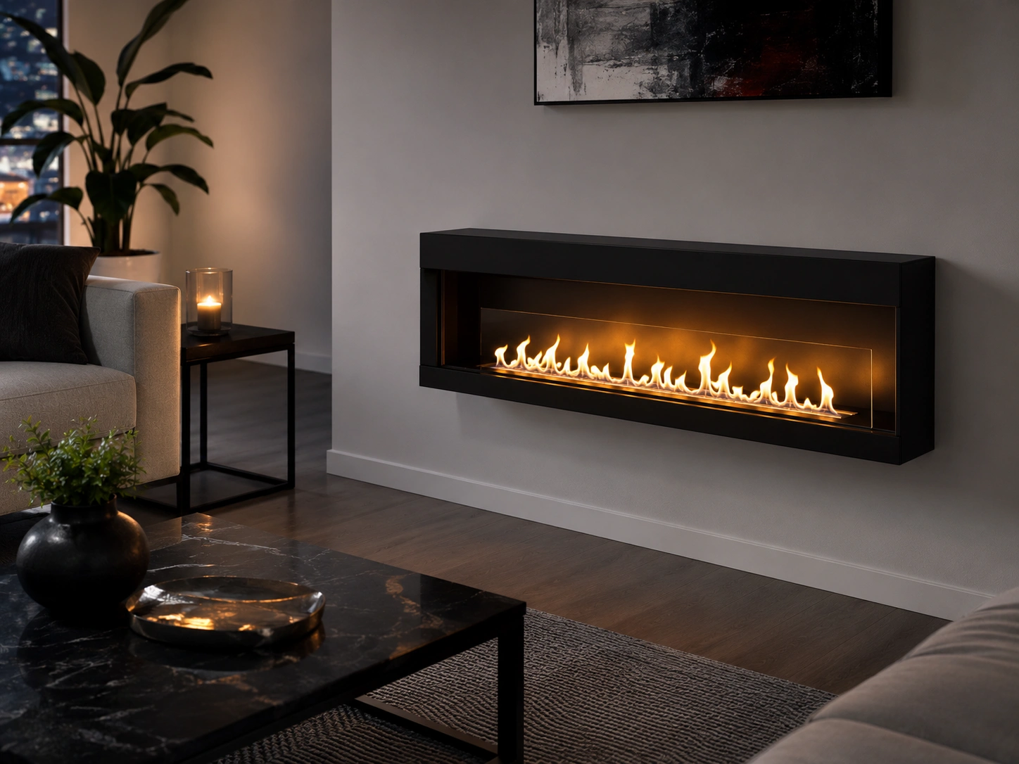 Wall-mounted ethanol fireplace in modern living room