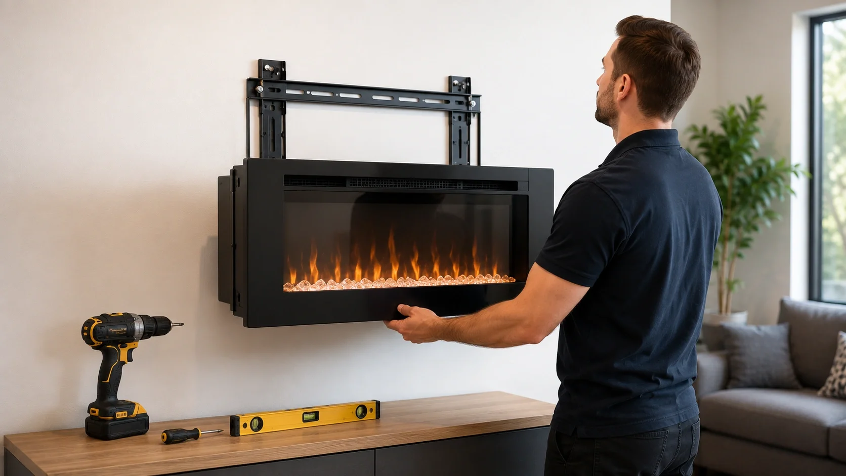 Wall-mounted electric fireplace being installed on a living room wall