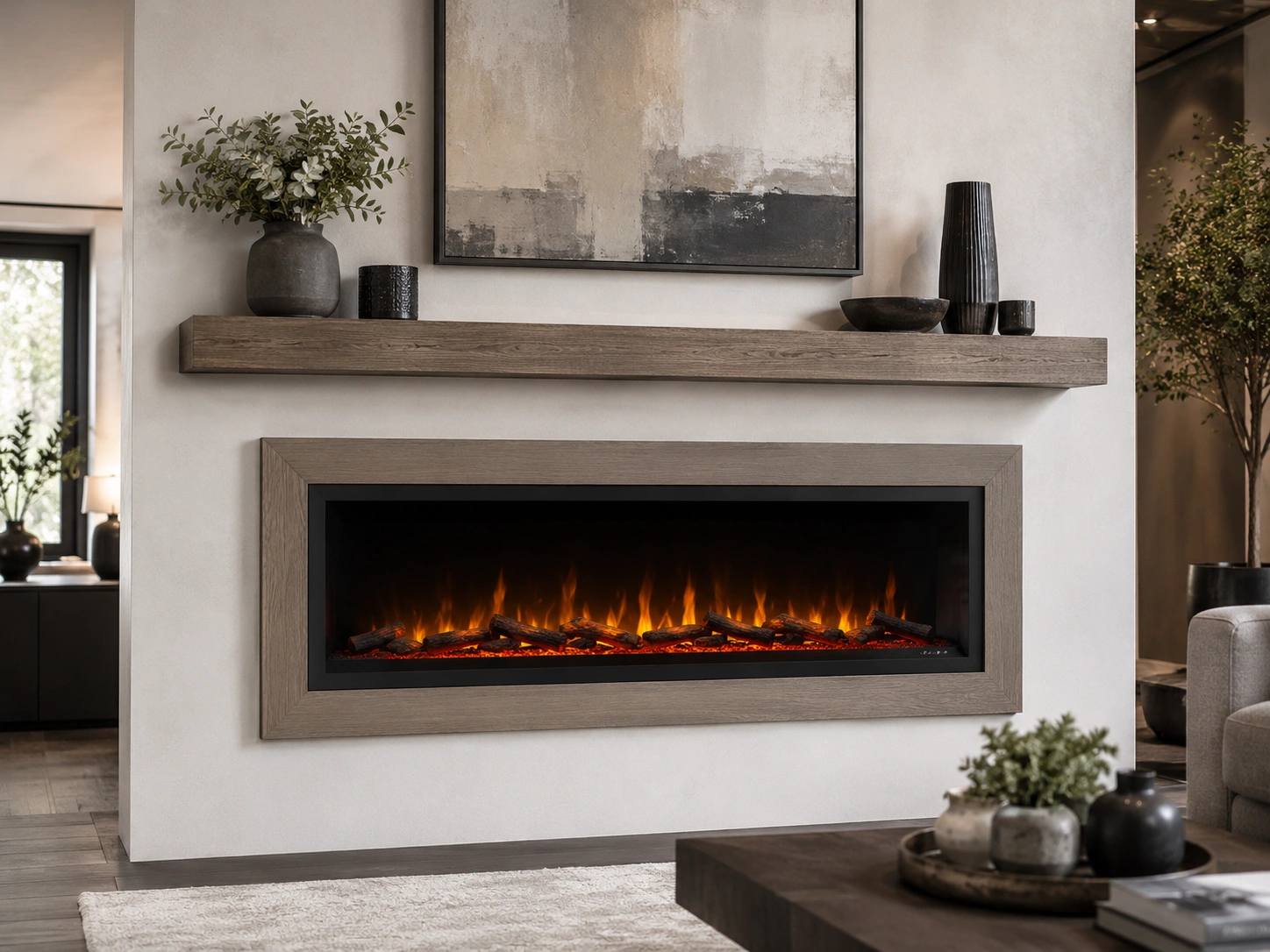Wall-mounted set fireplace with floating surround